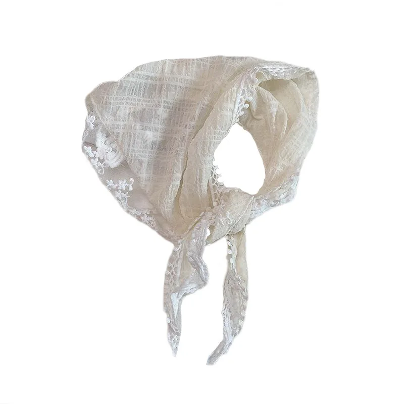 French Embroidery Flowers Beige Head Wrap Bandannas Silk Triangle Scarf Headband Lace Hair Band Headscarf