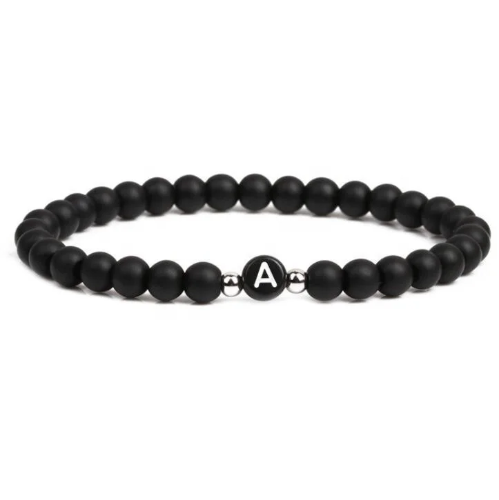 Promotion 26 letter A to Z Natural black agate beads bracelet 6mm name bracelets for men
