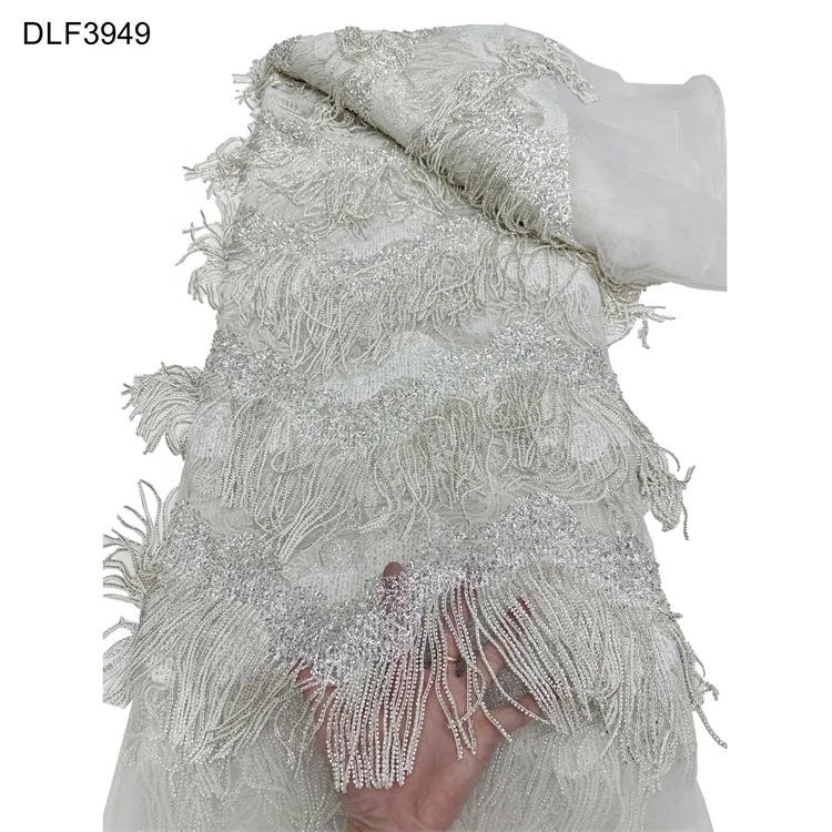 Wholesale High Quality Elegant Beaded Tube Lace Fabric for Wedding Party Dress Heavy Shiny Tassel Tube Bead Sequins Lace Fabric