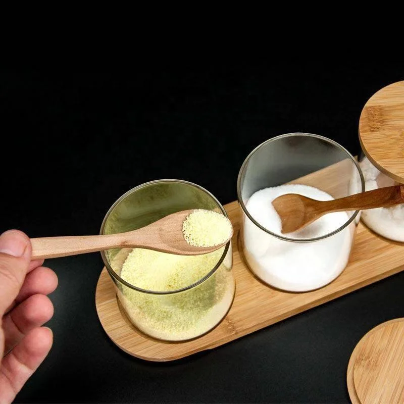 Borosilicate Glass Jar with Bamboo Spoon and Lid Kitchen Seasoning Can with Tray Spice Salt Candy Storage Canisters Set