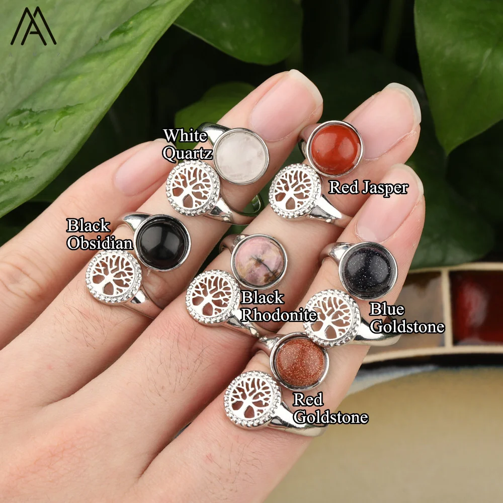 Silver Ring , Round Beads , Gemstone Crystal , Tree of Life , Reiki Chakra Jewelry