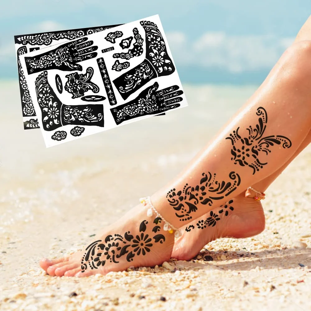 Hot Selling Hand Foot Arm Wrist Henna Painting India Stencil DIY Reusable India Henna Mehndi Feet Tattoo Henna Stencil Templates