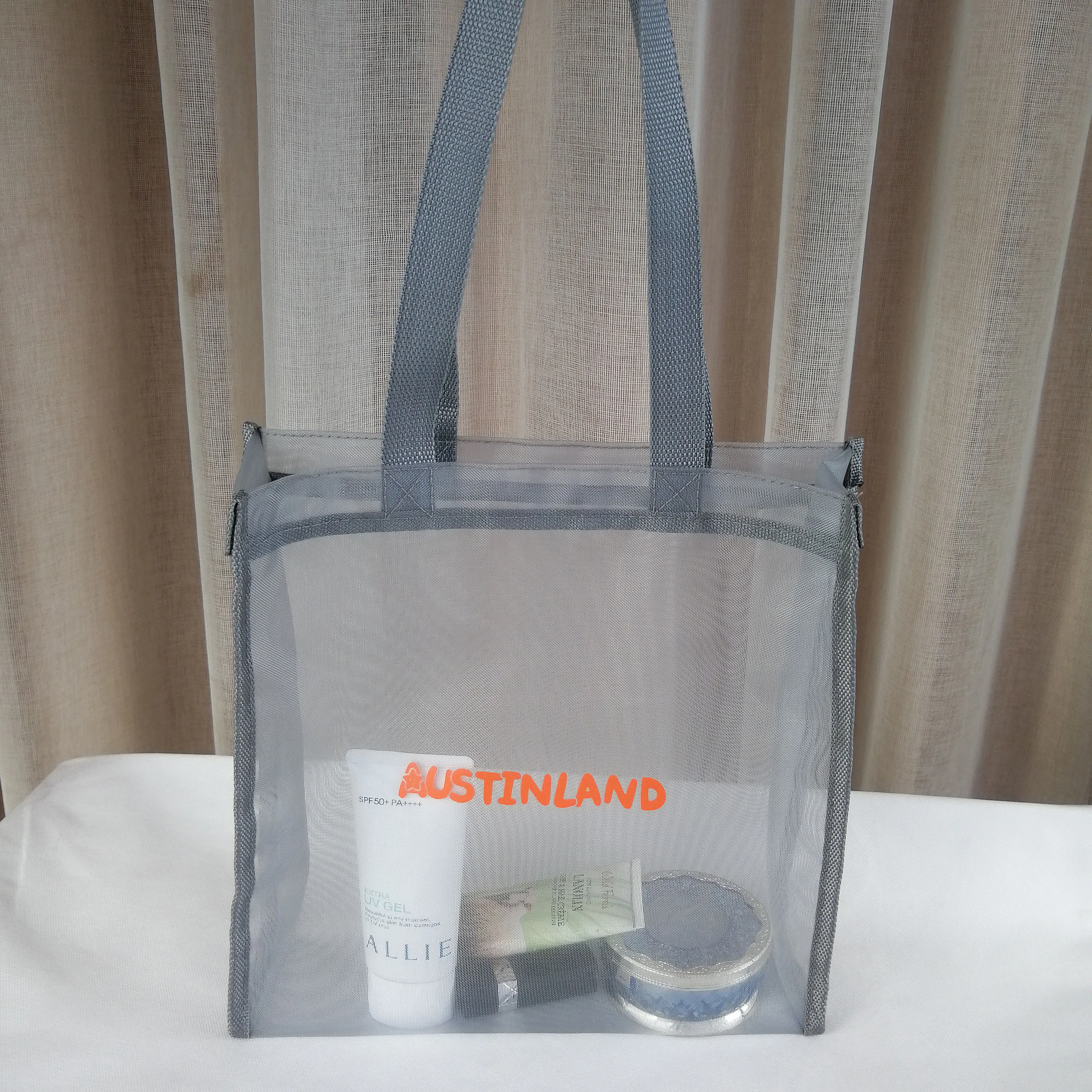 
Easy Carrying Tote Handbags Reusable Colorful Gold Black Grey Nylon Mesh Shopping Bag Printing Mesh Beach Bag for Packaging 