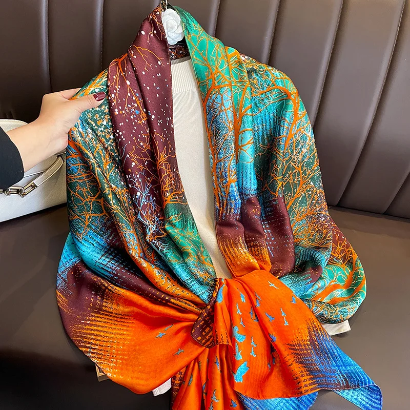 Hot Sale 2023 New Floral Printed Silk Scarves Shawls For Ladies Stoles Luxury Silk Scarf  Long Large Designer Silk Neck Scarf