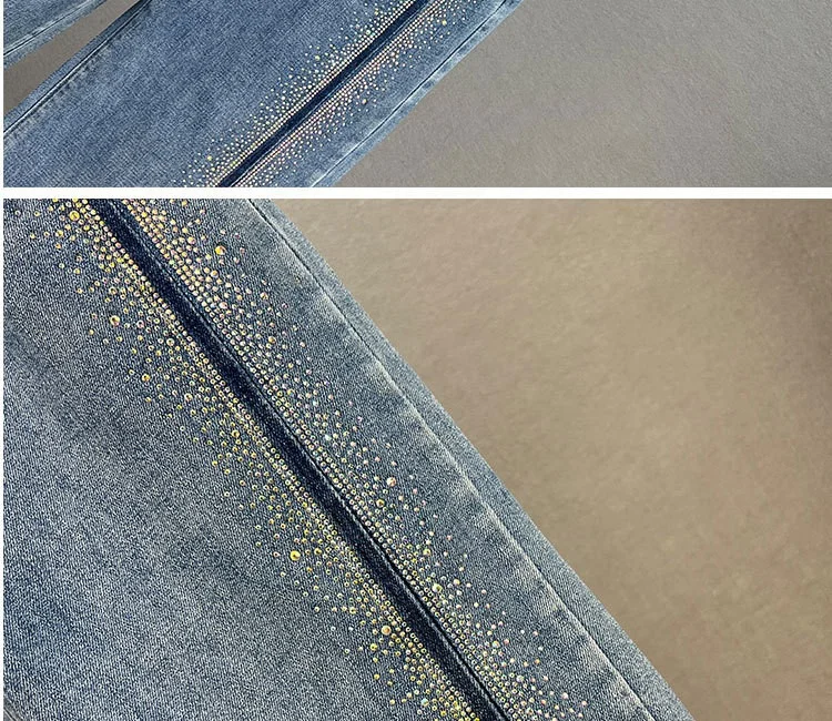 Loose Straight Jeans Women Chinese Tradition Asymmetric Drill Frog Demin Pant