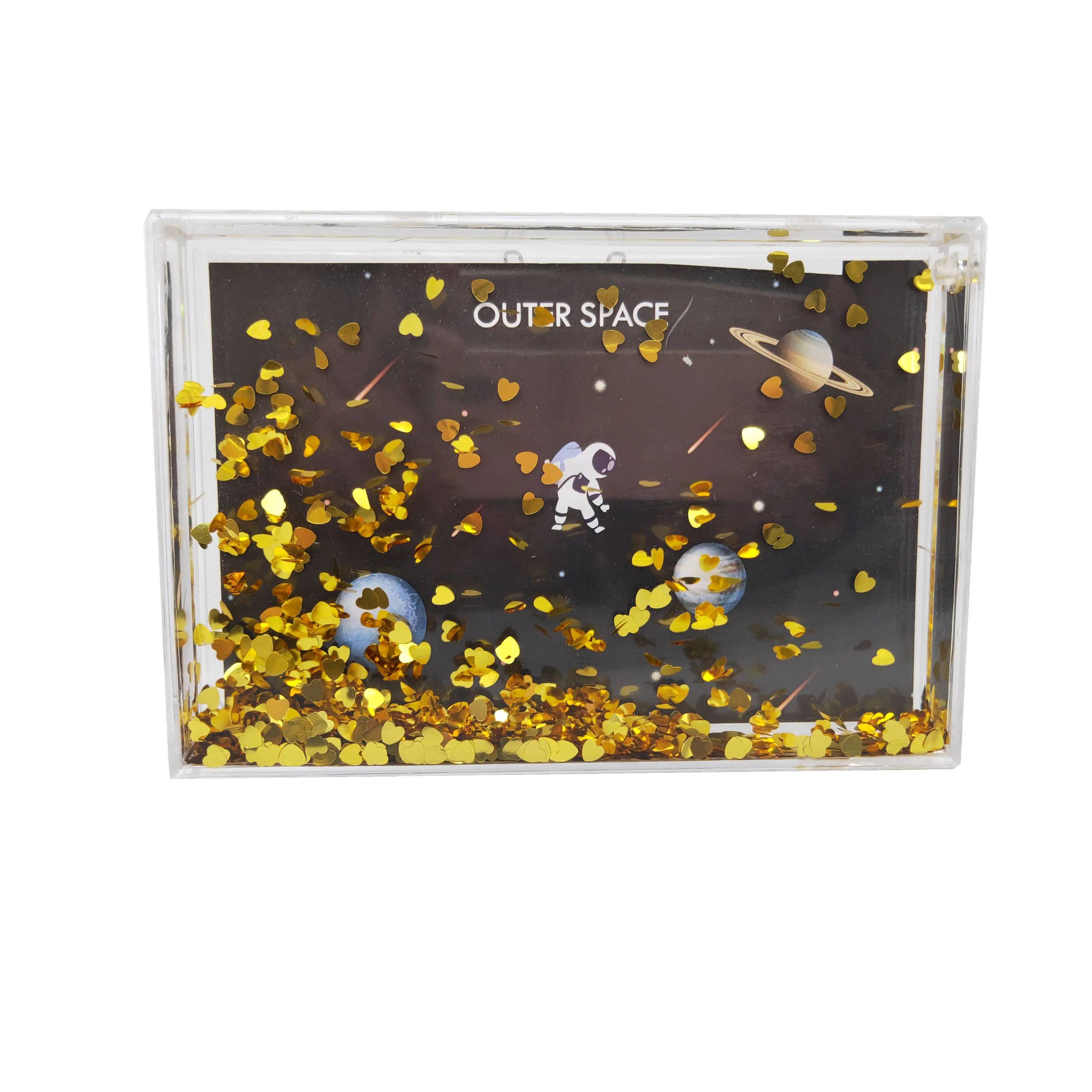 Высококачественная 6*4 прозрачная сувенирная жидкая фоторамка в форме сердца с блестками