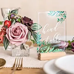 Acrylic Table Numbers For Wedding 1-20 With Natural Wood Stands Greenery Calligraphy