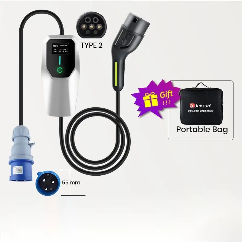 Junsun EV Type 2 Charger Single phase 250V 7KW EV Charging Portable Fast Charger Box evse Charging 32A 4m/5m/8m/10m CEE Plug