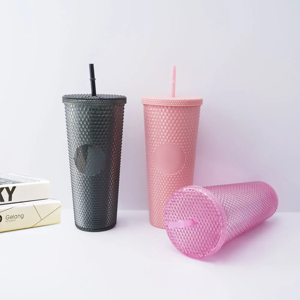 RTS  Colorful Double-Layer Durian Straw Tumbler Modern Design Diamond Glitter Plastic Coffee Cup Set for Parties
