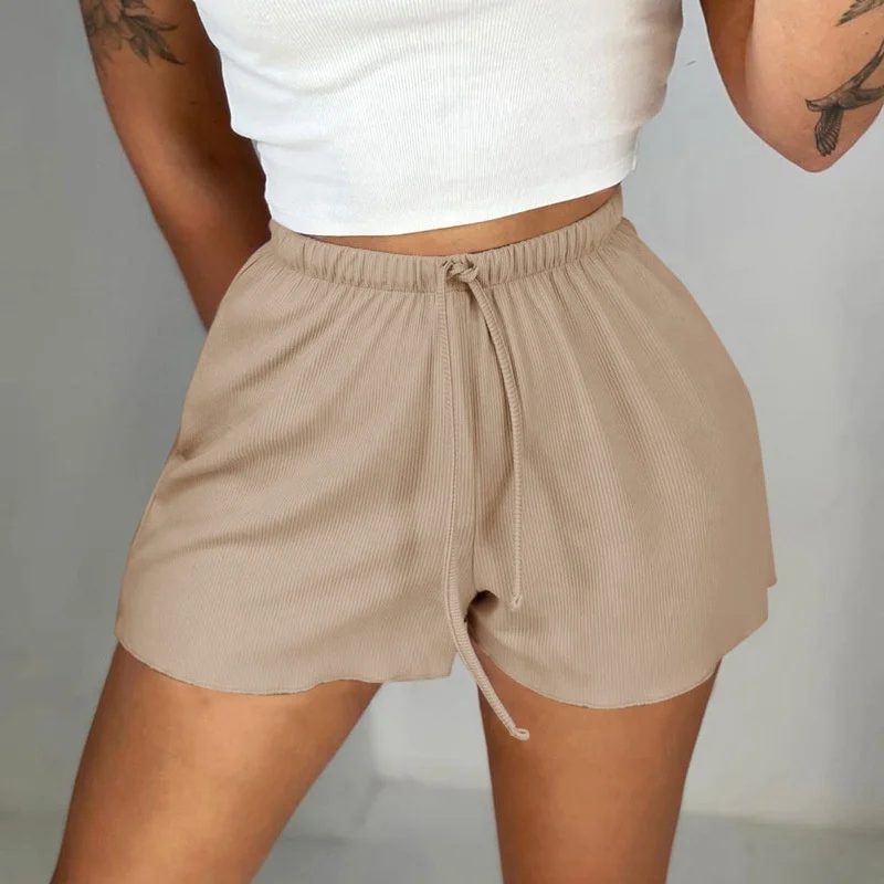 summer new style wholesale women shorts ribbing solid color best price drawstring casual workout ladies
