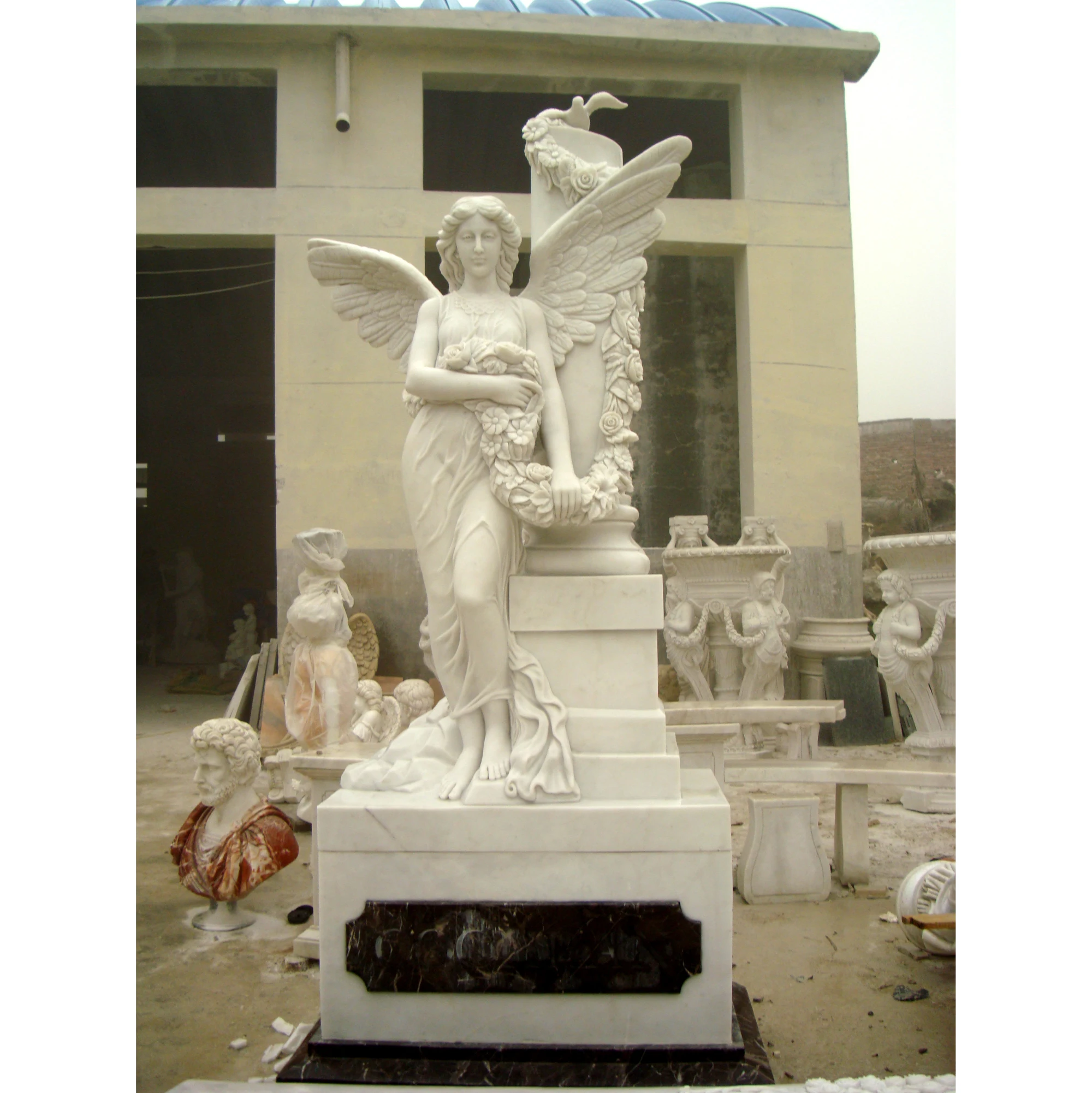 Stone Carving White Marble Statue Sculpture Gravestone With Angel Flower Tombstone