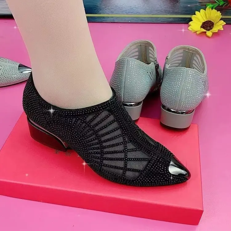 2024 new style pointy boots thick heel mom dance shoes comfortable mesh shoes breathable hot drill deep mouth single canvas