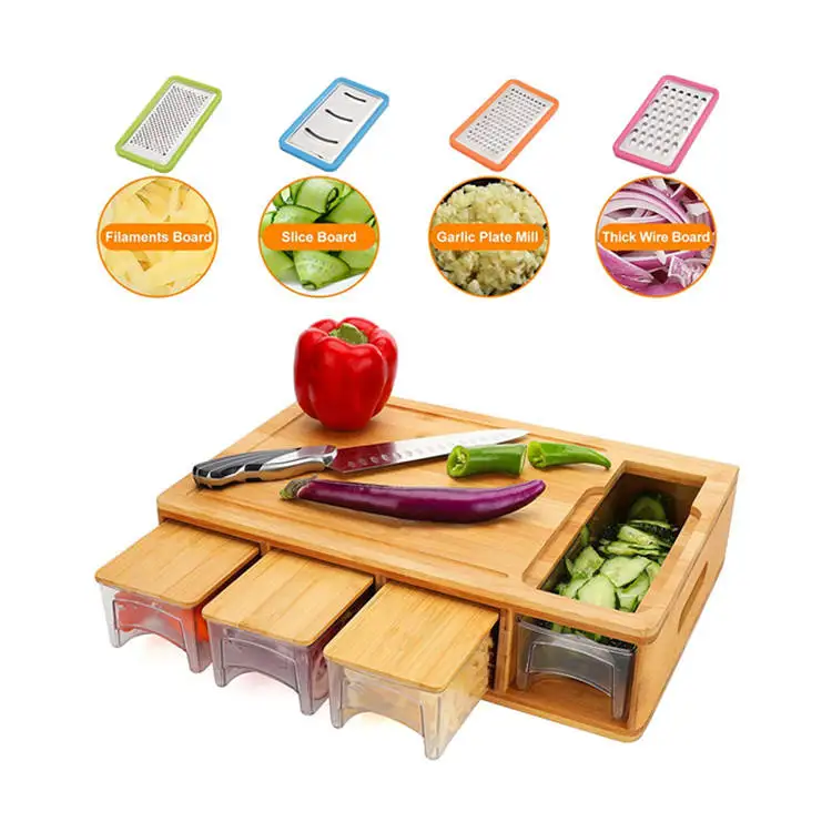 Hot sell Kitchen Large Chopping Juice Groove Bamboo Cutting Board With 4 Acrylic Drawers Food Storage Tray