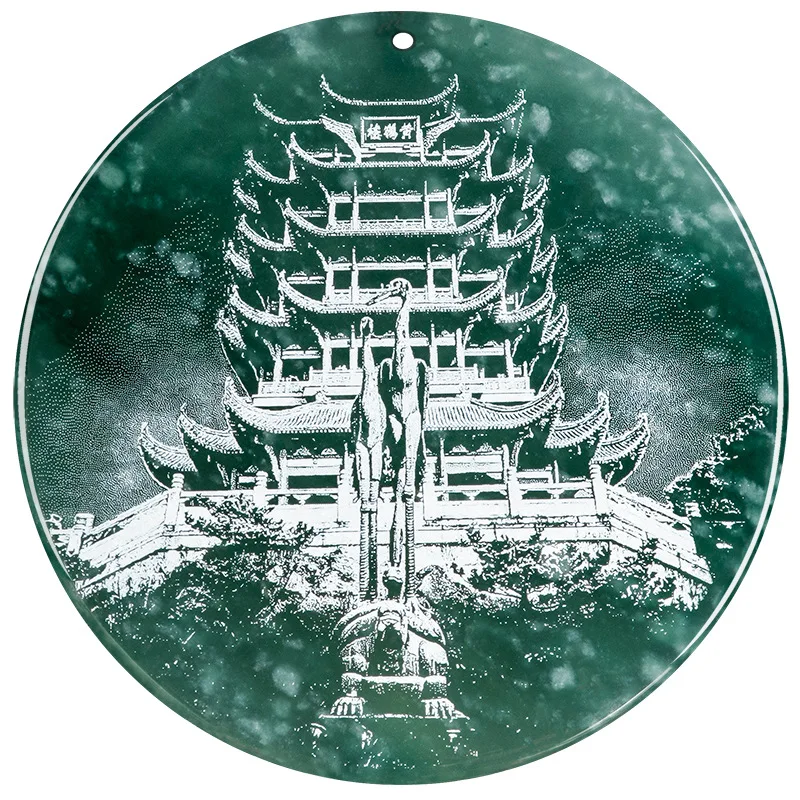 natural Jadeite Yellow Crane Tower landscape painting jade Pendant blue water kind of jadeite Chinese style UNISEX C131