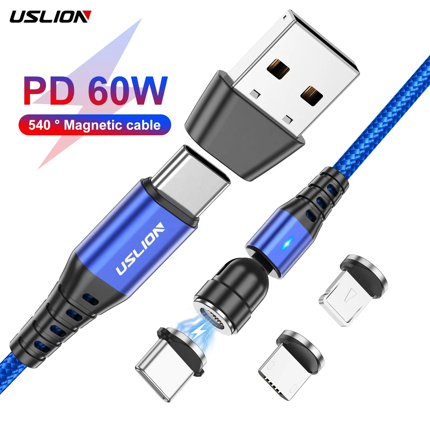 USLION PD60W 540 Rotate 2M 3 in 1 USB Magnetic Cable Charger Charging Cable Magnet Data Cables Micro USB