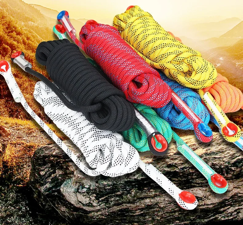 Static Nylon Outdoor Climbing Rope with Double Hooks for Rock Climbing & Safety