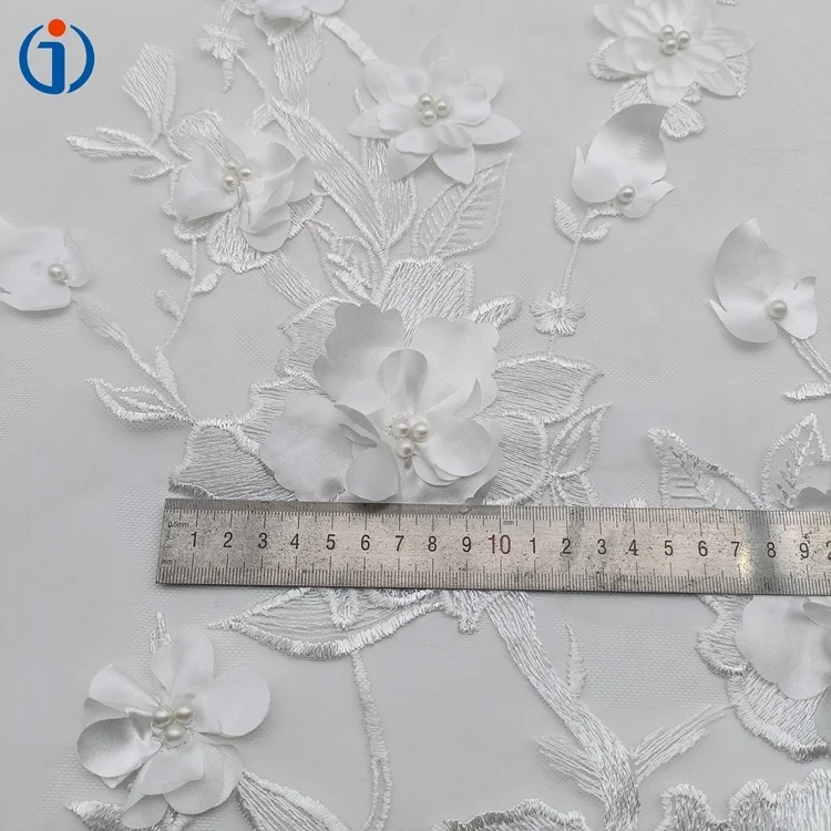 Luxury Polyester Textile White Pearl Hand Beaded Tulle Mesh 3D Flower Embroidered Fabric for Ladies Dress