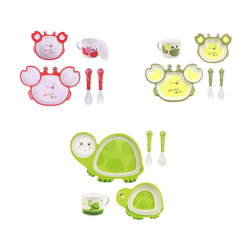 5 piece tableware set bamboo fiber kid eco suction plates dinnerware animal cartoon melamine bamboo kids dinnerware set for baby