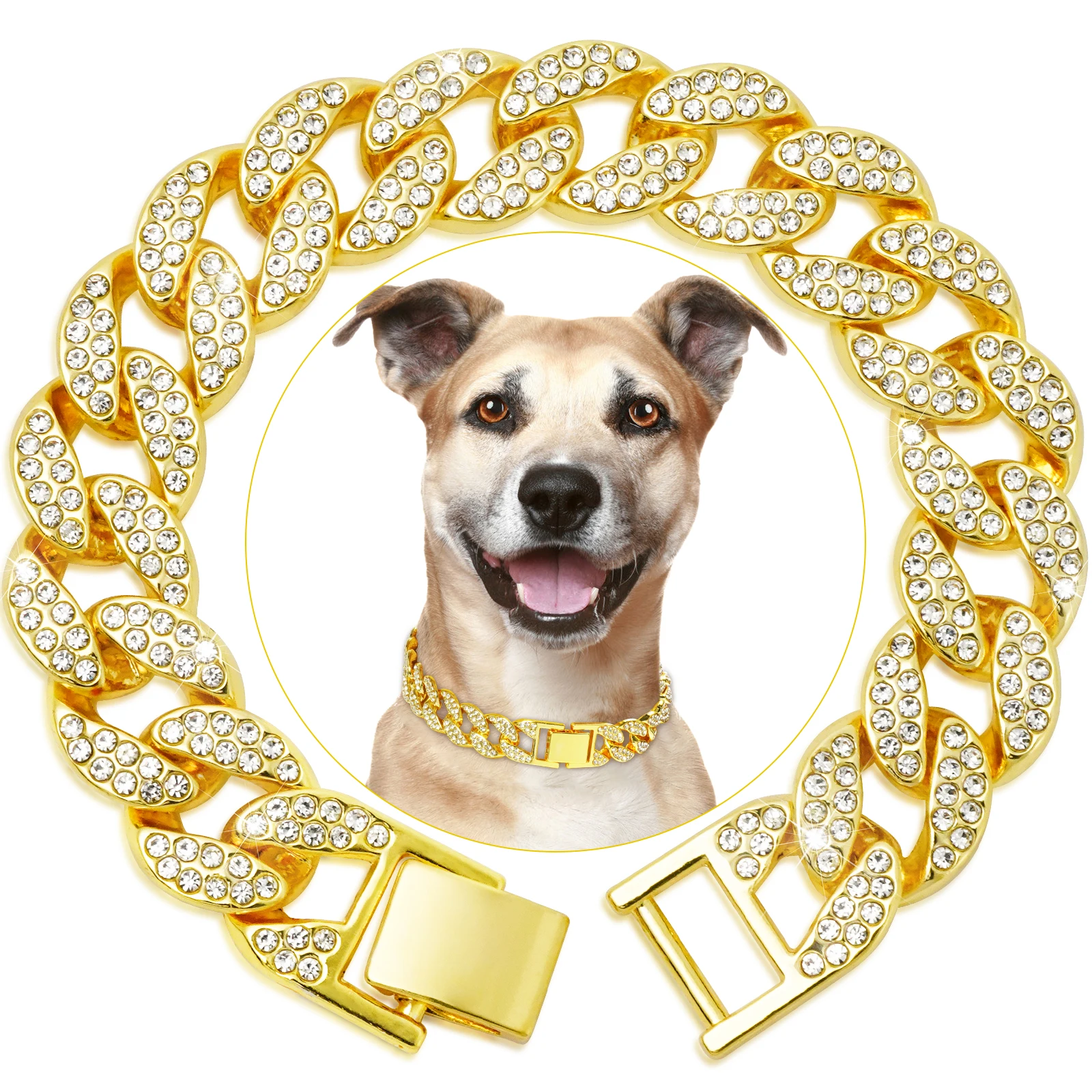 15MM Luxury Gold Dog Chain Collar Factory Bling Jewelry Metal Cuban Link for Dogs Cats