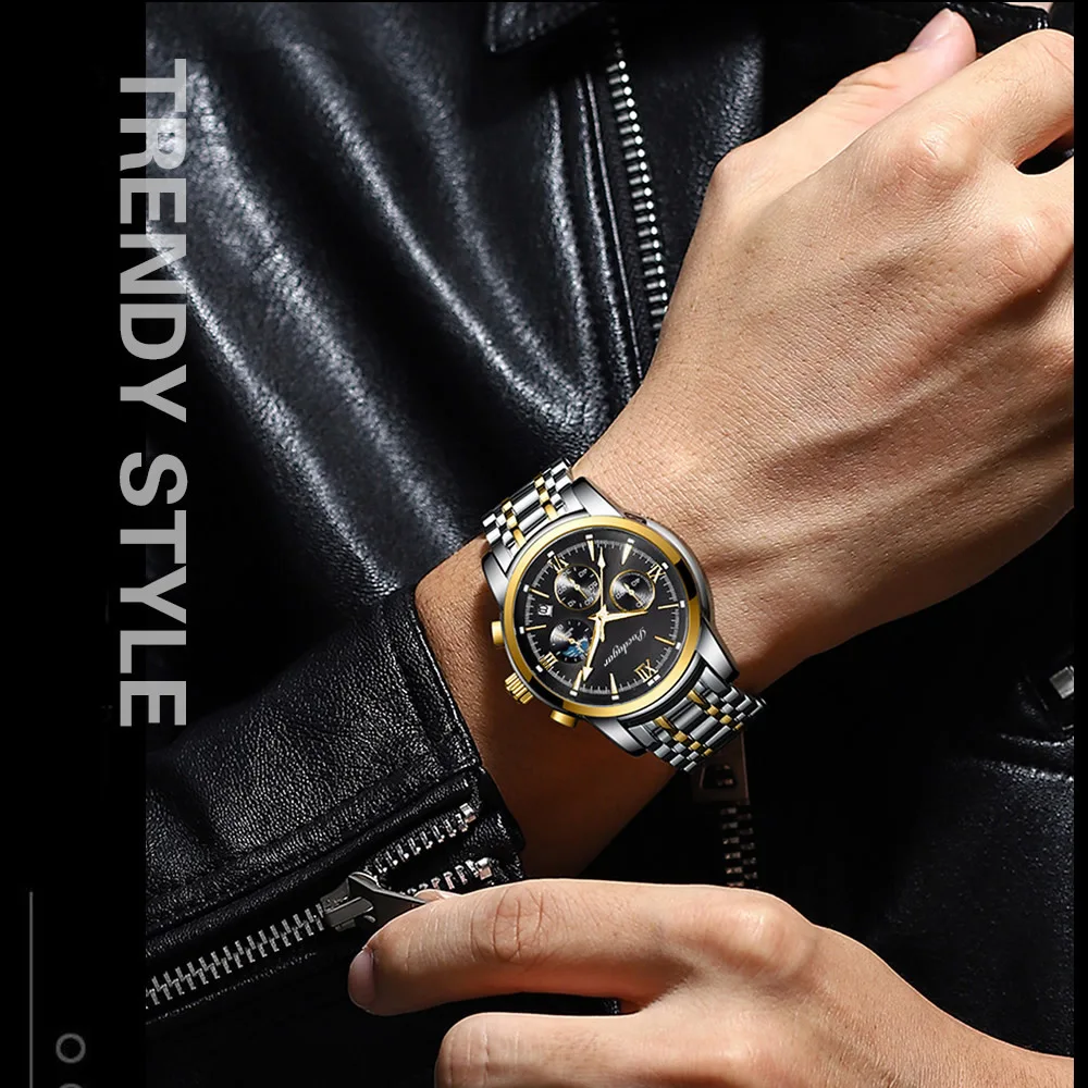 POEDAGAR 805 Three Small Dials Men Watch Waterproof PU Leather Strap Quartz Watches Stainless Steel Band Wristwatch