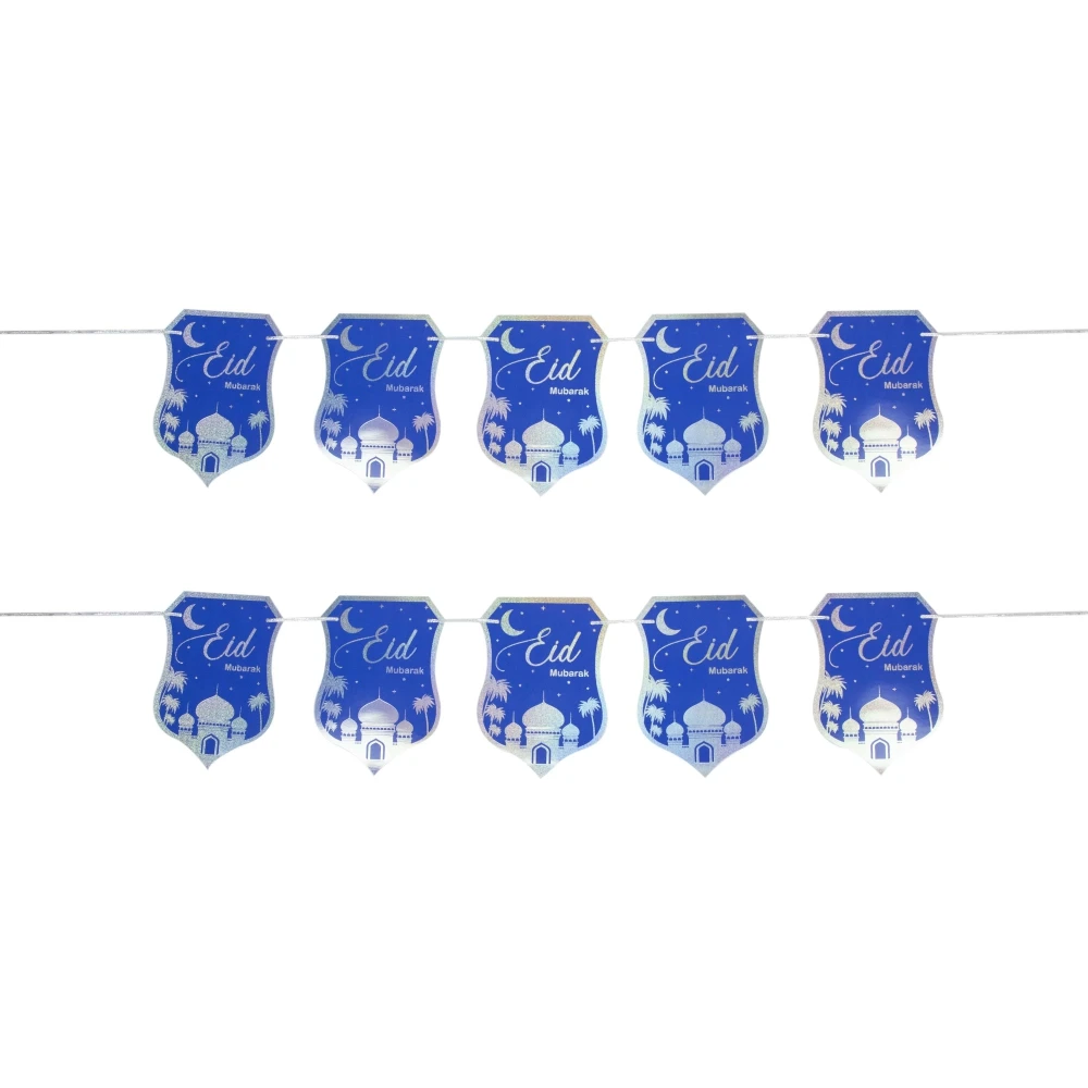 Blue Eid Banner Garland Muslim Eid Party Hanging Decorations Glitter Silver Foiled Eid Mubarak Paper Bunting With Moon Mosque