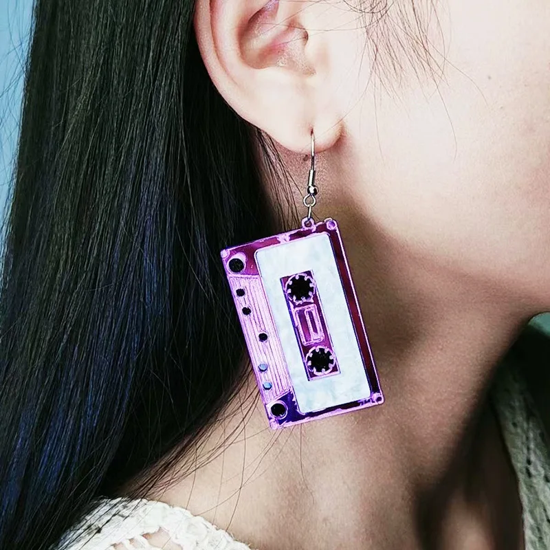 Wholesale Vintage Creative Personalized Cassette Tape Acrylic Dangle Earrings Music Acrylic Magnetic Tap Drop Earrings