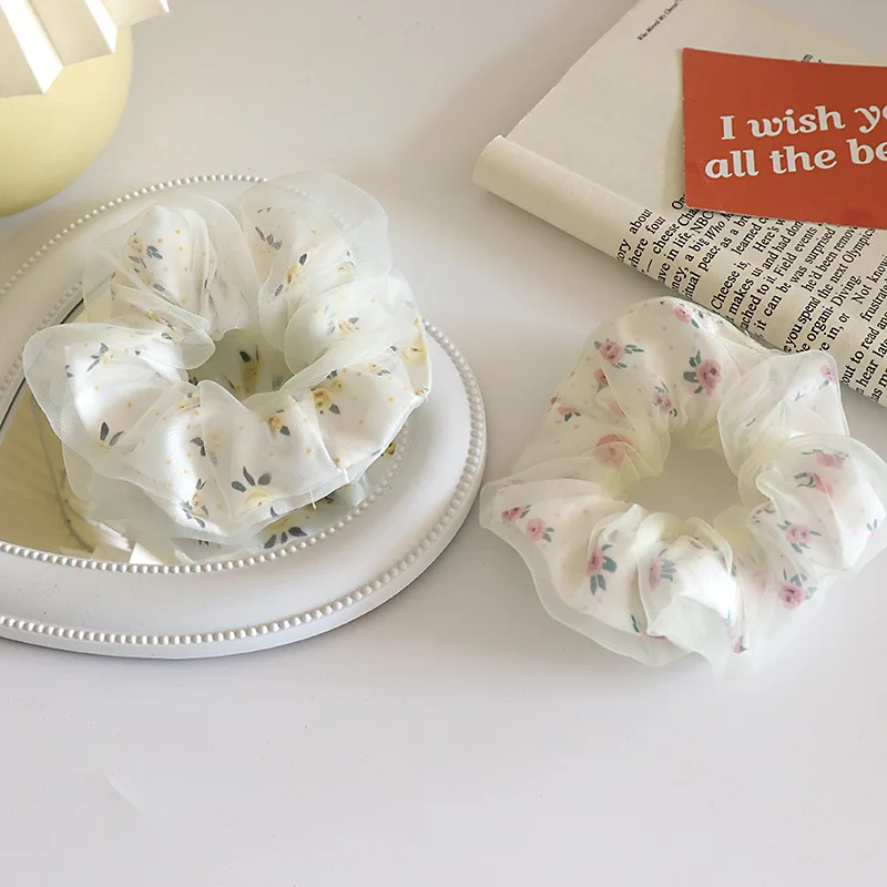 Trendy Hair Ornament Fresh Style Double Layers Mesh Fabric Hair Scrunchies Flora Hair Ties for Young Ladies Girls