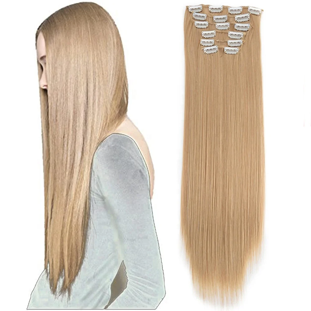 6pcs/set Long Wavy Hair Extensions Synthetic Clip in Ombre Honey Blonde Dark Brown Thick Hairpieces