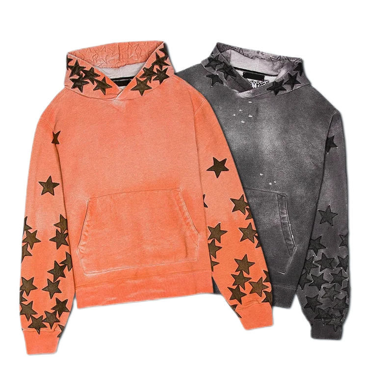 Newest High Quality Heavyweight Streetwear Vintage Star Print Oversized Acid Washed Chenille Embroidery Hoodies