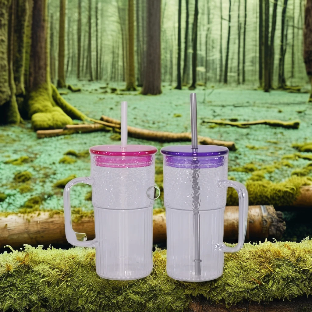 Wholesale Clear Drinking Cup Water Mug with Straw and Lid plastic Glass Tumbler Coffee Mugs Presents Glass Cup Strap handle