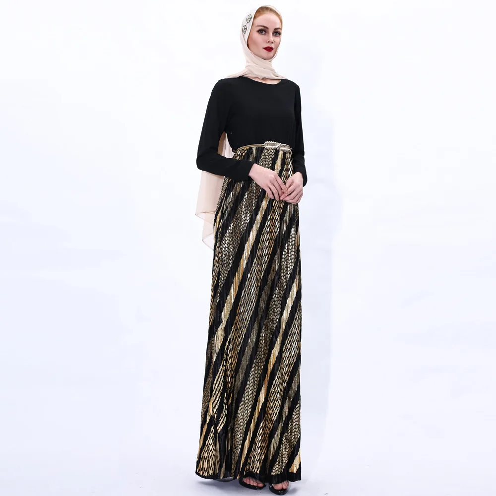 Hot Stamping Pleated Muslim Long Dress With Gold Belt Women  Abaya Dress