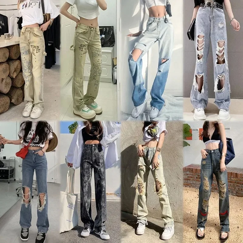 2023 new printed European and American girls red elastic jeans trousers manufacturers wholesale