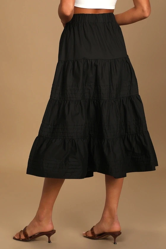  Perfect Tooling Black Midi Skirt 2021 New Cake Tiered High Waist A-line For