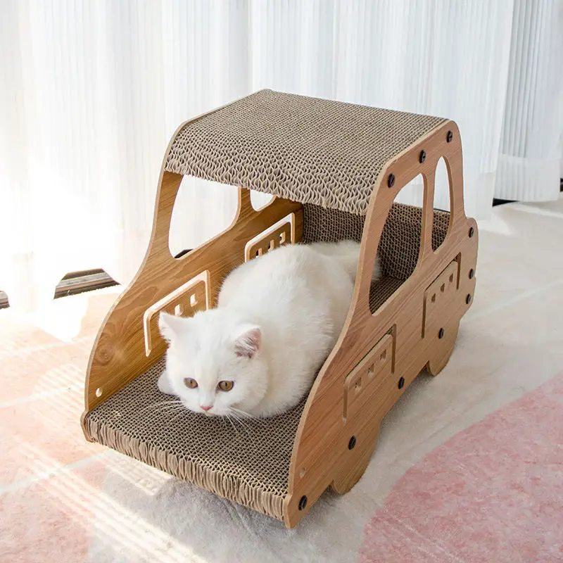 Leyou Pet Wear-resisting Standing Double-deck Wooden Car Cat House Corrugated Toys Cat Scratchers