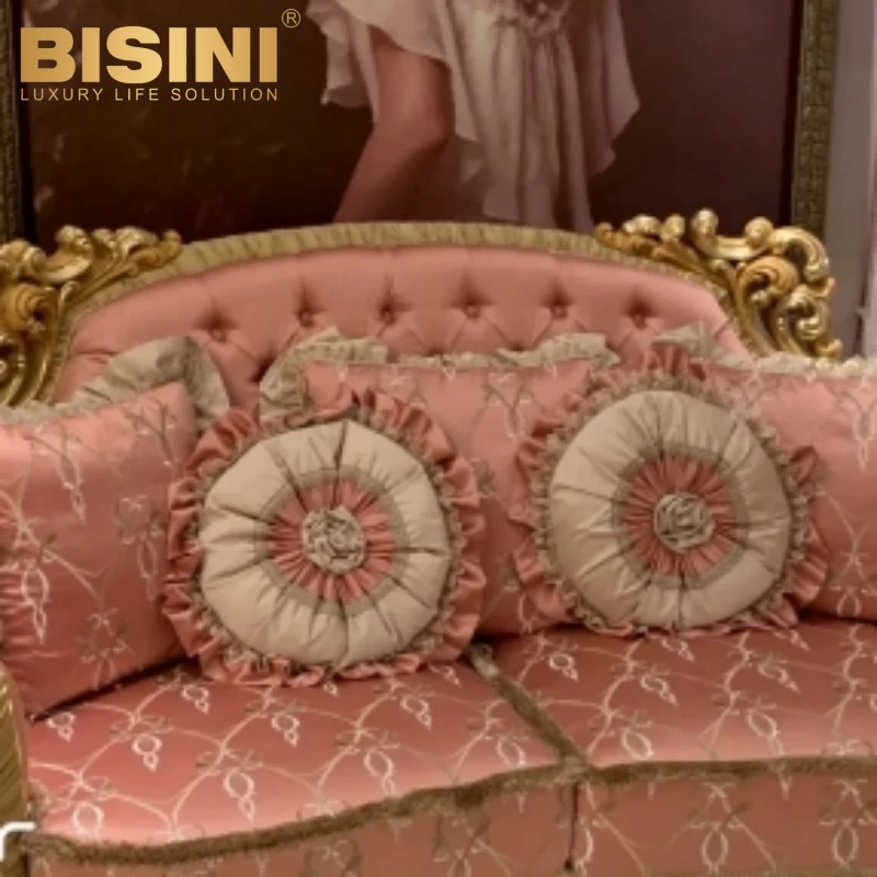 Graceful French Baroque Style Royal Palace Home Wooden Carved Pink Sofa Sitting Room Rosy Three Seater Sofa Set