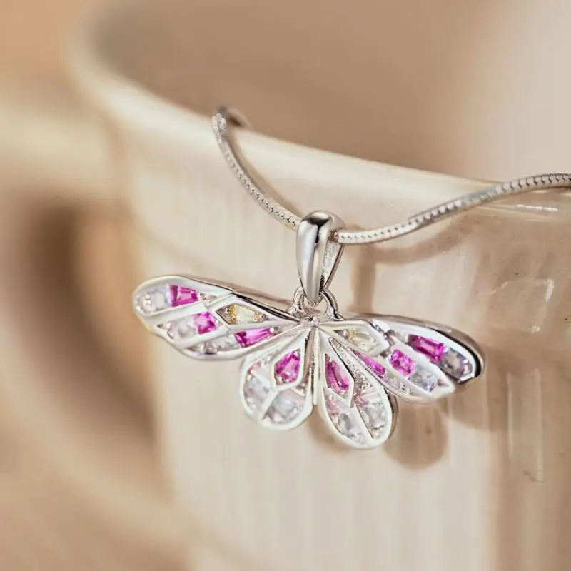 Dylam Exquisite Pink Dragonfly Pendants For Women Necklace Hollow Butterfly Snake Chain Link Colourful Cubic Zirconia Necklaces