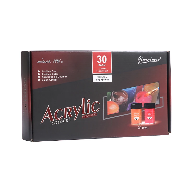 High Quality 25ml Plastic Tubes Acrylic Paint set of 24 with Free 6pcs Nylon Hair Paintbrushes