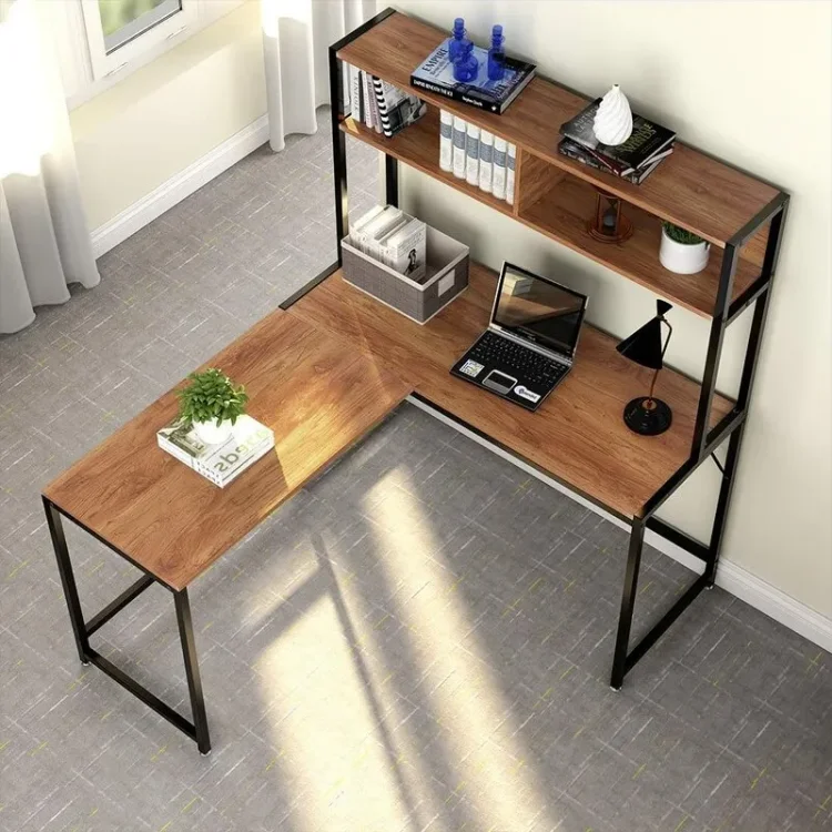 Wholesale L-Shaped Metal Frame Wooden Writing Office Desks Study Table Home Corner Computer Table With Shelves