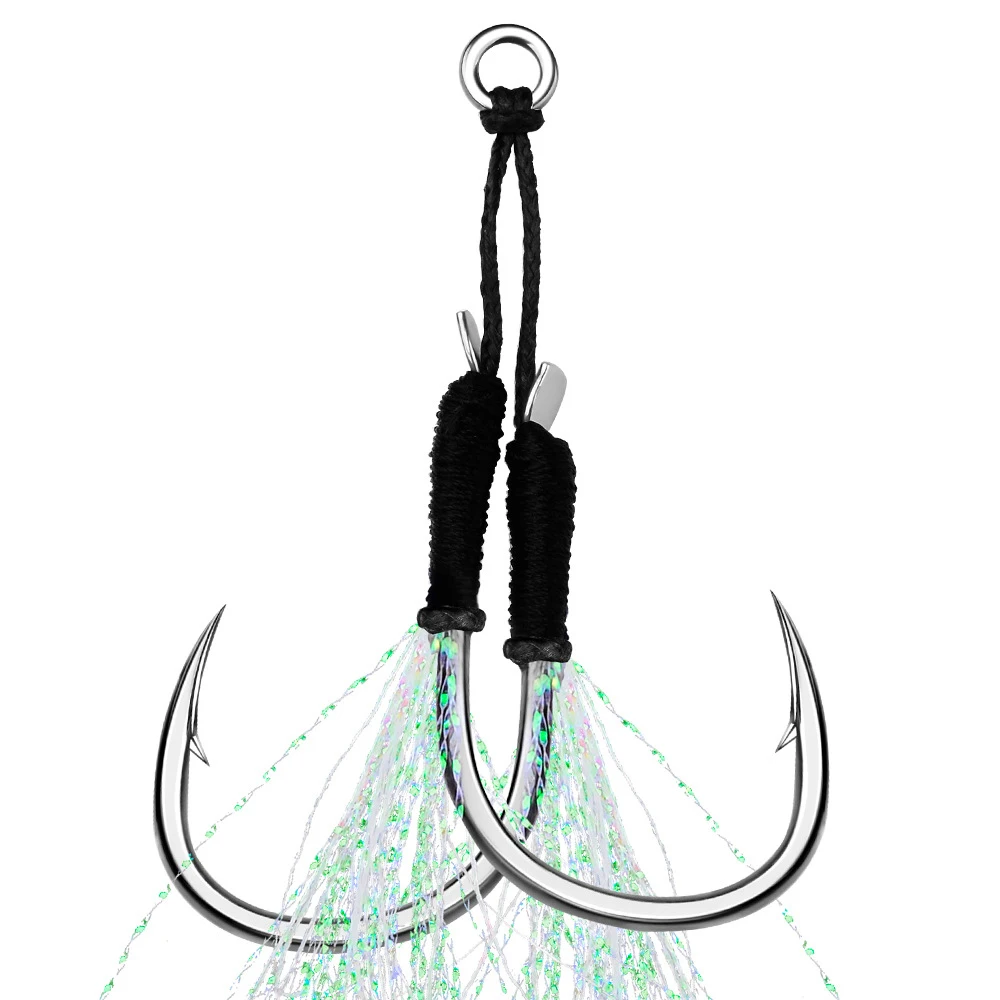Newbility 5 Pairs Per Bag Good quality Double Fishing Hooks Sturdy Metal with Feather Fixing Auxiliary Lures for Deep Sea