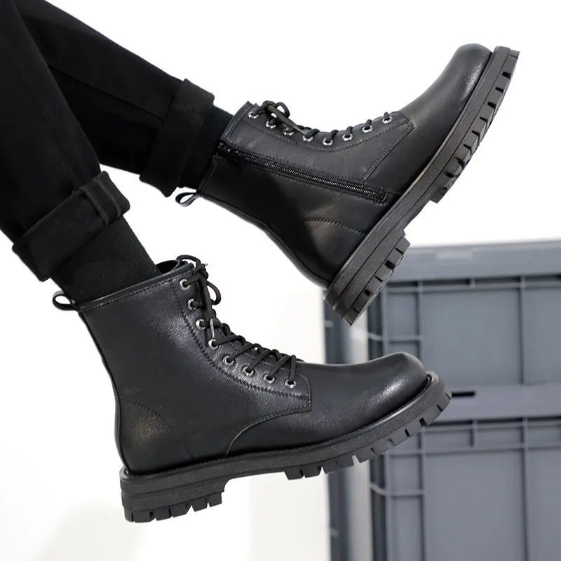 Increase Height Boots for Men Genuine Leather Chelsea Boots Fashion Lace Up Platform Sneakers Autumn Winter Man Motorcycle Boots