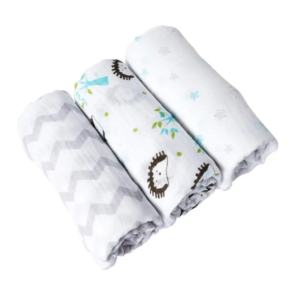 
100%Cotton Material and 110gsm Weight combed cotton 3pcs box baby muslin swaddle blanket wrap baby receiving blanket 