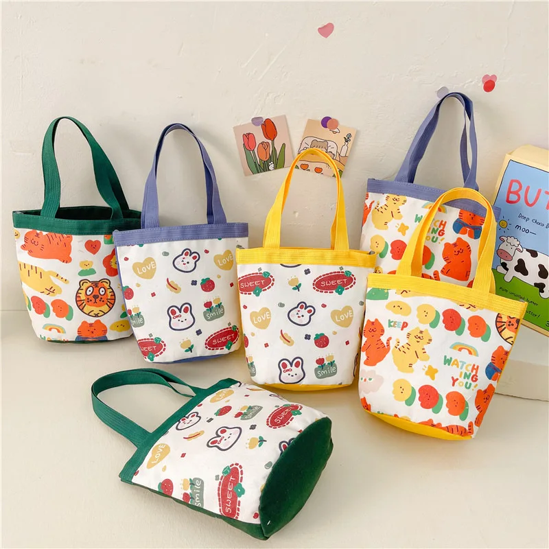 Wholesale small carrying canvas tote bag handbag office worker lunch box bag cartoon cute bucket small bento bag