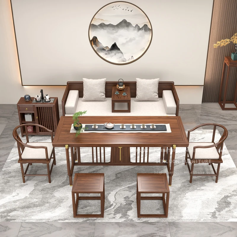 Wujinmu Arhat Bed, Tea Table and Chair Combination, Solid Wood Tea Room,living Room, New Chinese Style Sofa Bed,white Wax Wood,