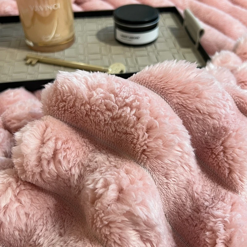 Wholesale luxury faux double layer reversible colorful weighted adult angora fur striped flannel fleece throw blanket