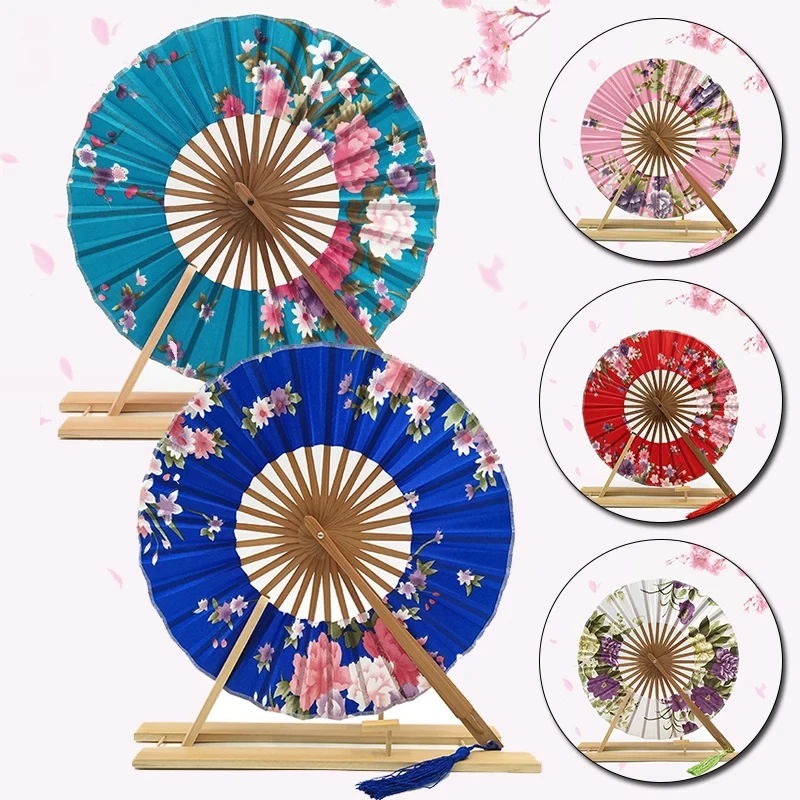 New Style Japanese Sakura Flower Pocket Folding Hand Fan Round Circle Party wedding  bamboo hand fan Decor Gift