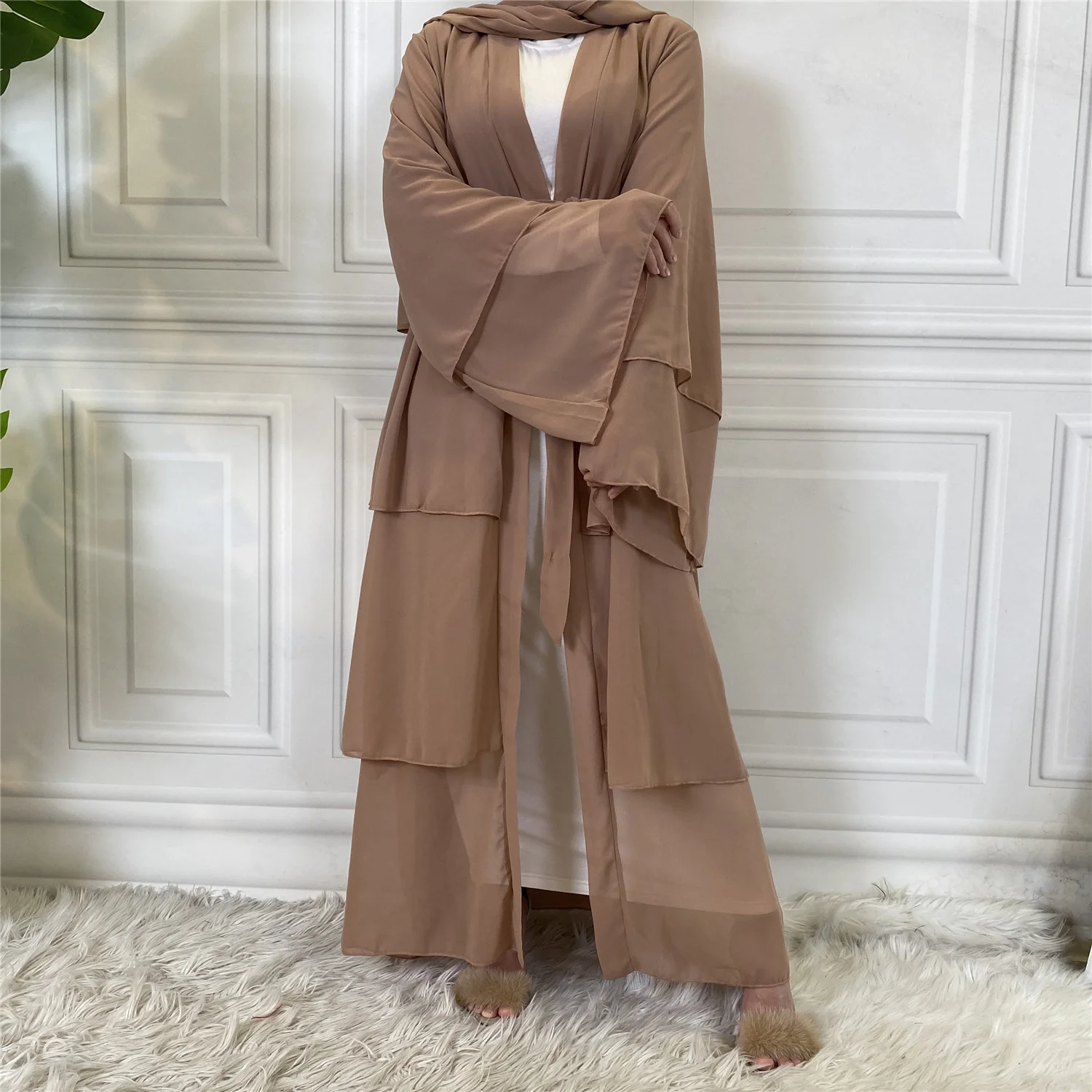 Best Seller Chiffon Open Abaya Solid Color 3 Layered Long Sleeve Dubai Abayas Cardigan Style 9 Colors