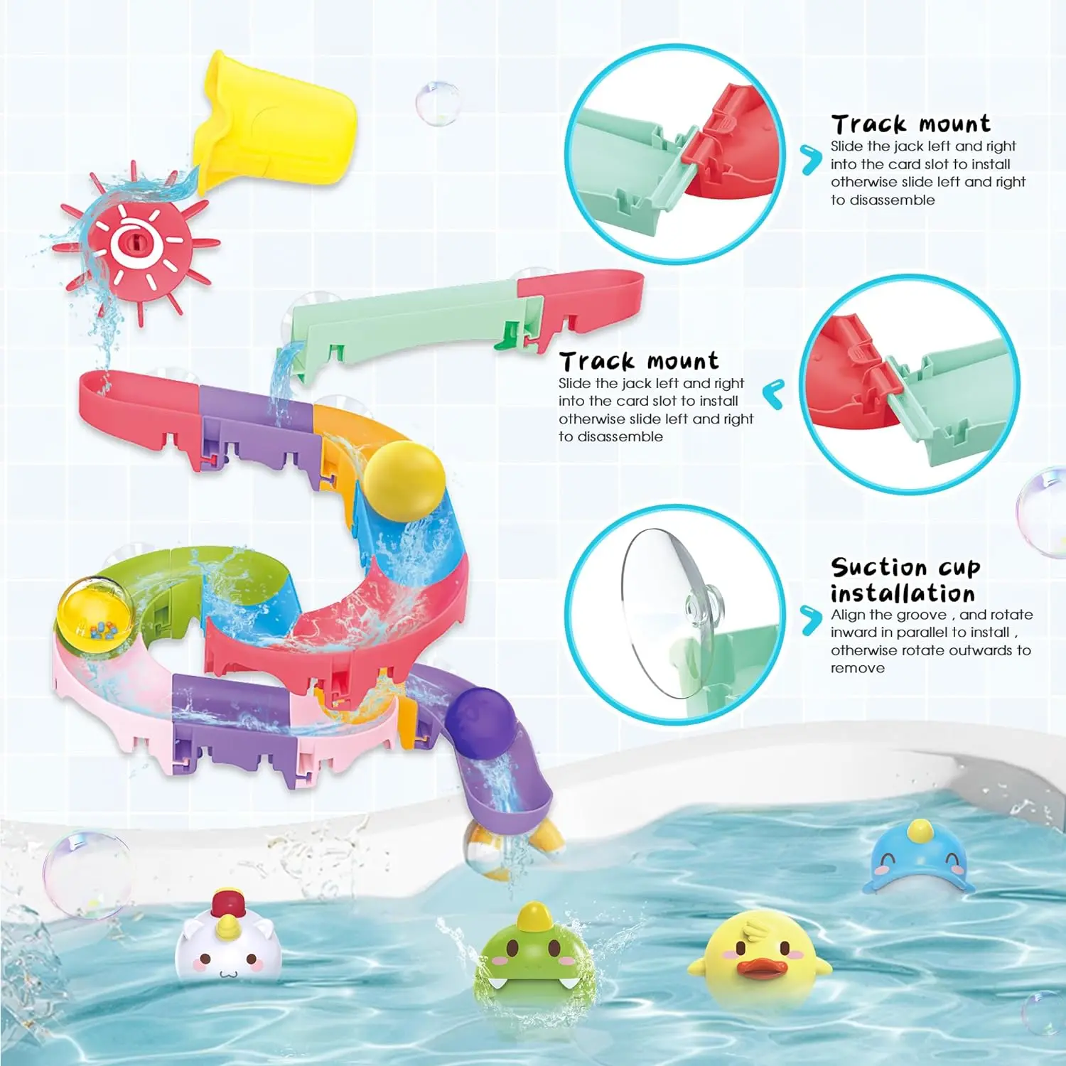 Baby Bath Tub Toys With Slide Track And Elephant Shower Sprays, Fishing Floating Animals Toys, Mold Free Kid Bath Toy for Kids