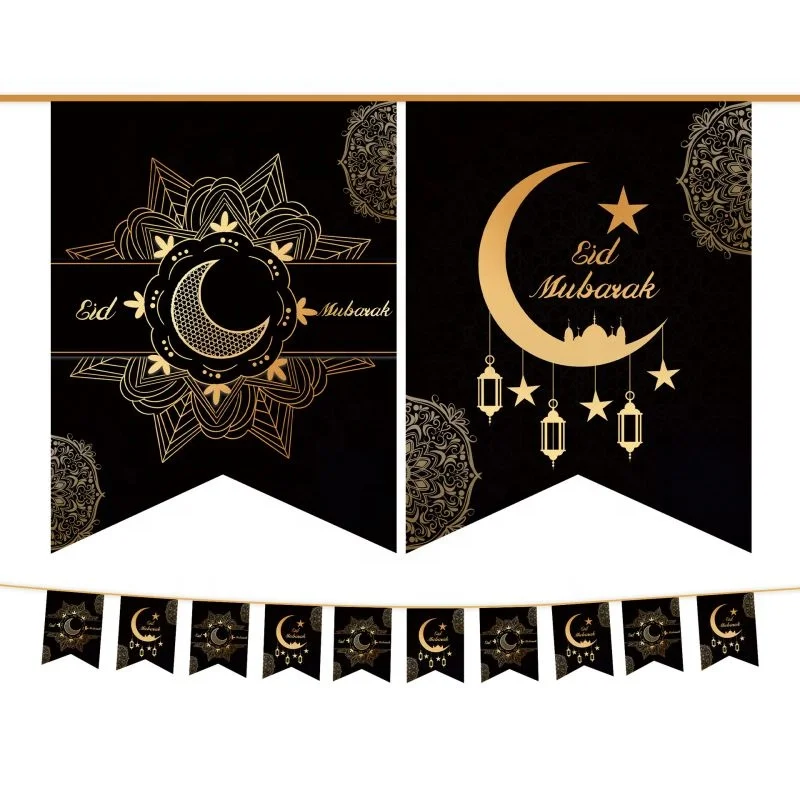 MorSun Eid Mubarak Bunting Banner with Lantern Moon Castle Garland Sign for Ramadan Festival Celebration Party Decorations