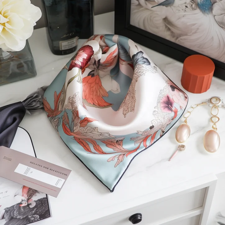 High Quality Custom Printed Logo satin foulard Silk Square hair scarf for Women Luxury