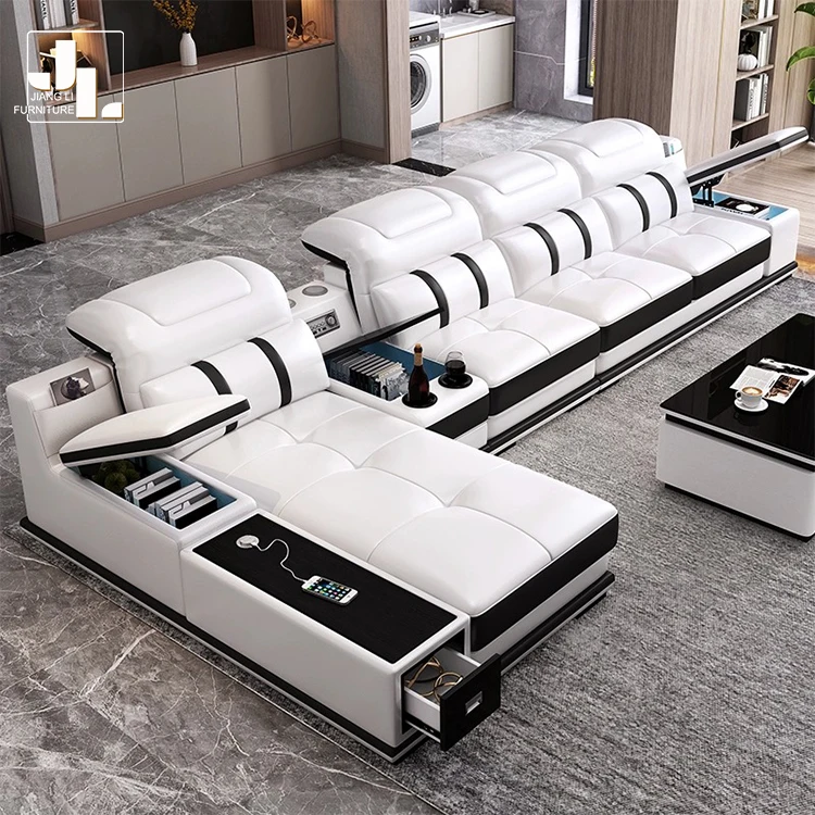 Luxury L Shape White Leather Sofa Modern Design Multifunctional Hotel Living Room 7 Seater Corner Sofa Furniture Set